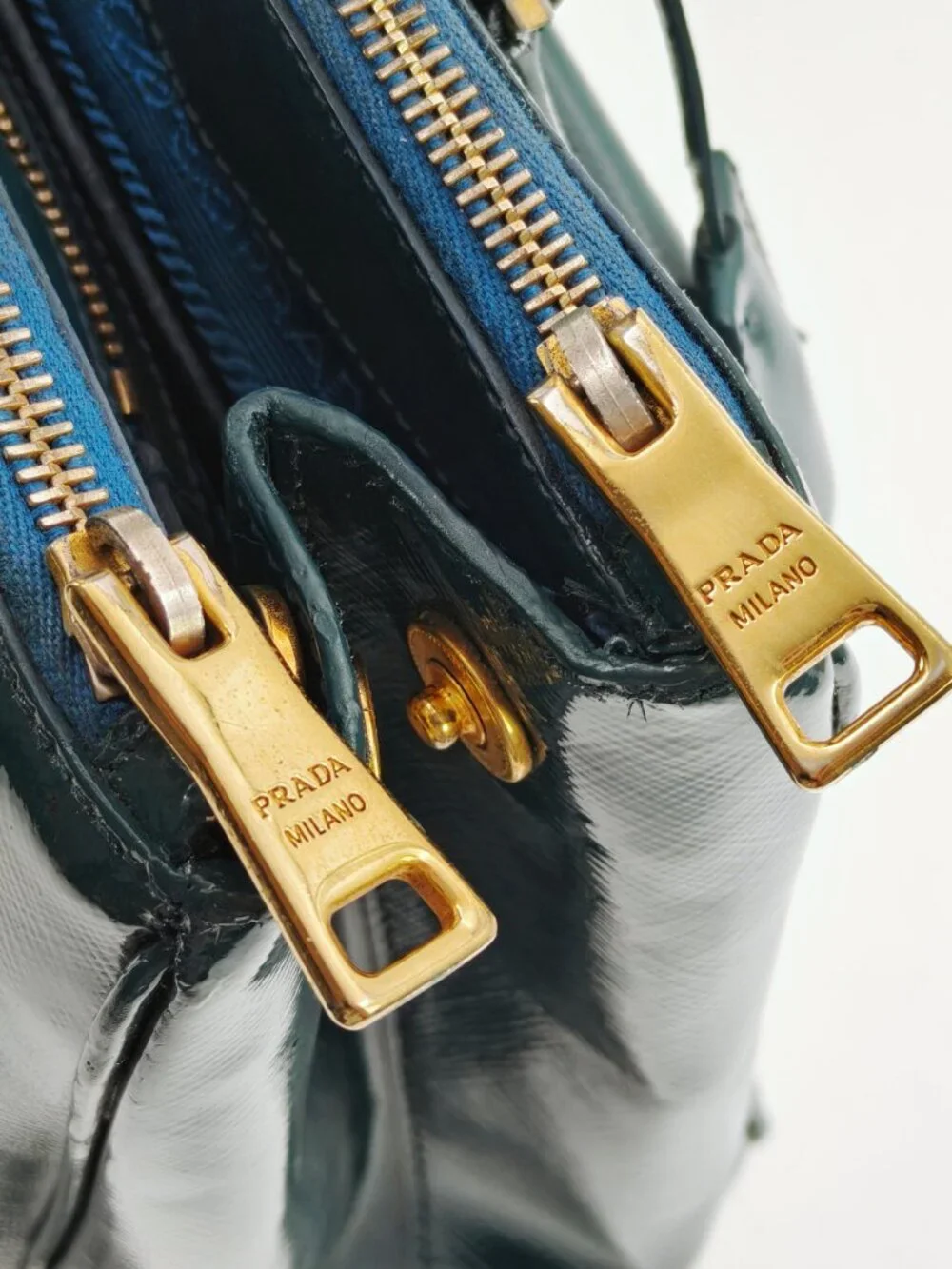 PRADA Vintage Green Saffiano Patent Leather Top Handle Handbag Gold Hardware